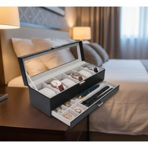 Mens Watch Box 6 Slot Case with Glass Lid Jewelry Organizer Storage Holder Black